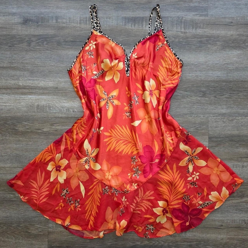 Secret Treasures Y2K Tropical Floral Babydoll Slip Dress Leopard Straps Red L